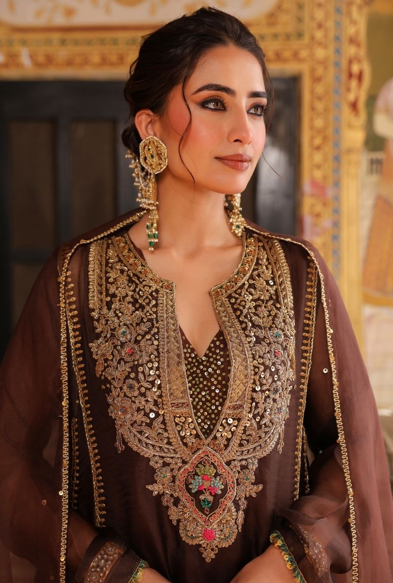 Brown Pakhi Yoke Pheran Long Mehfil Kurta Set