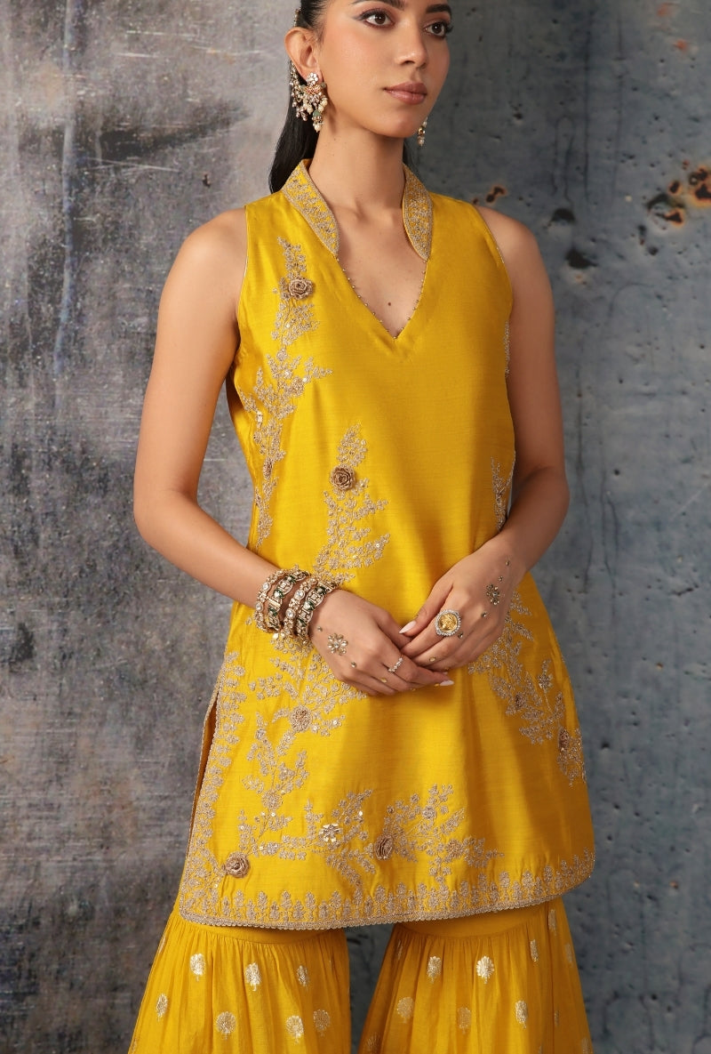 Yellow Sleeveless Nihira Sharara Set