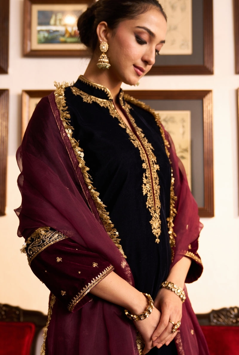 Navy Blue Chinese Collar Dilbar Kurta Set