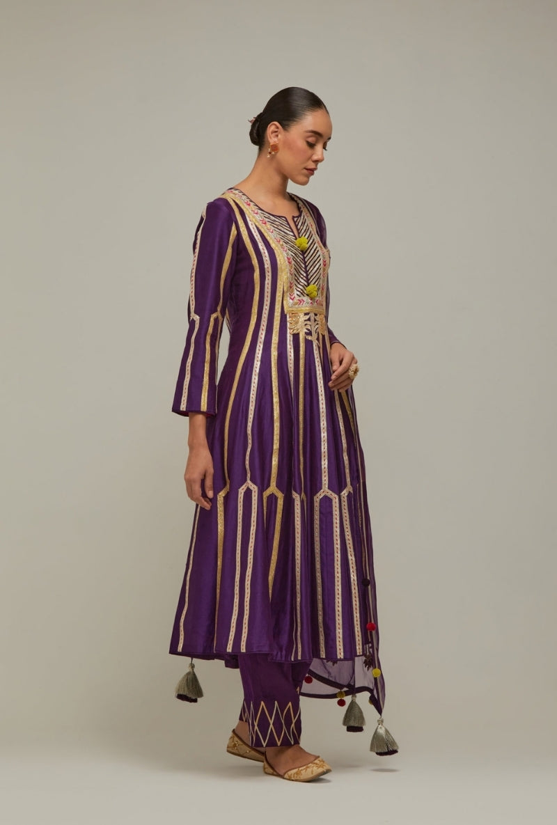 Purple Multistripe Gota long Mehreen Anarkali Set