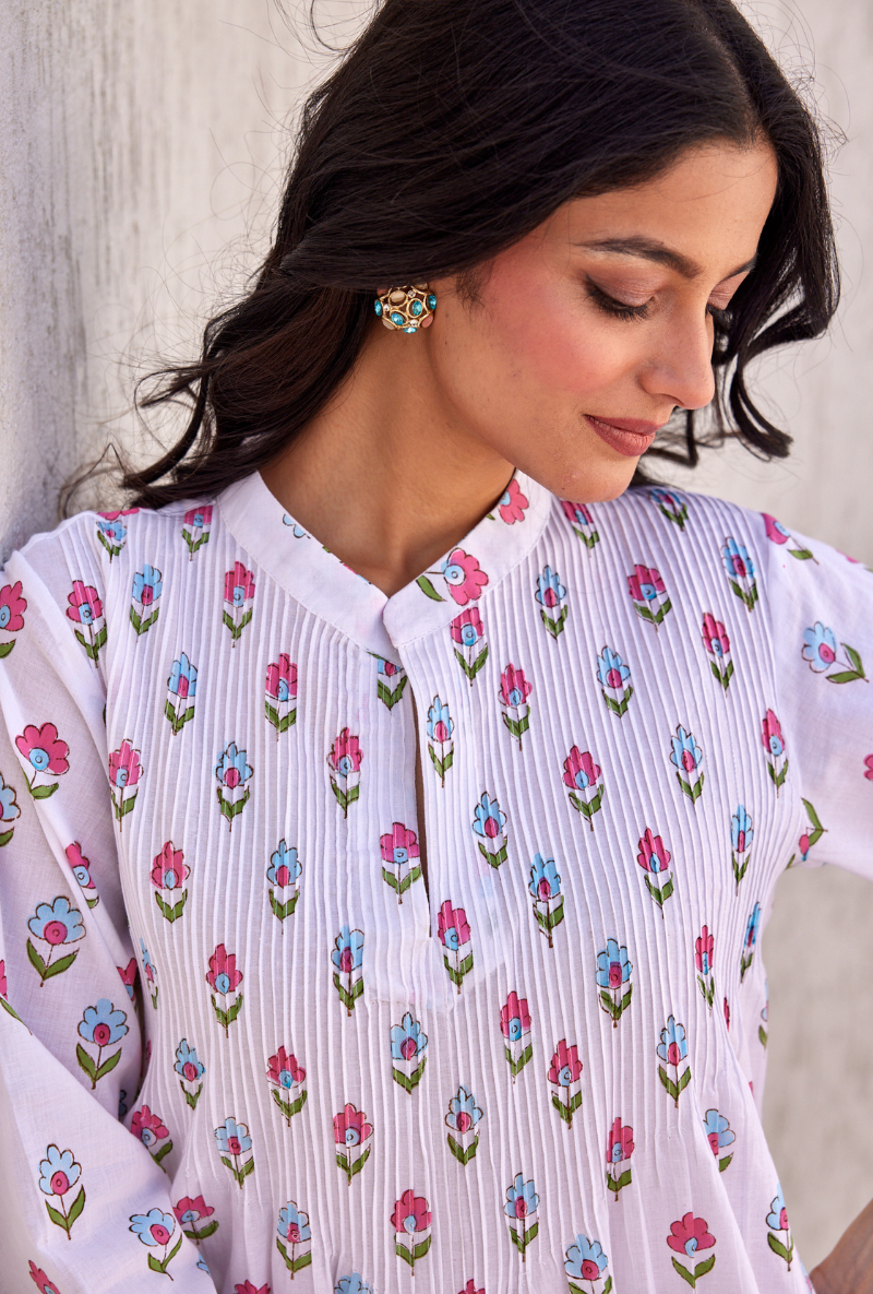 Blue And Pink Ditsy Floral Print Peony Kurta Set
