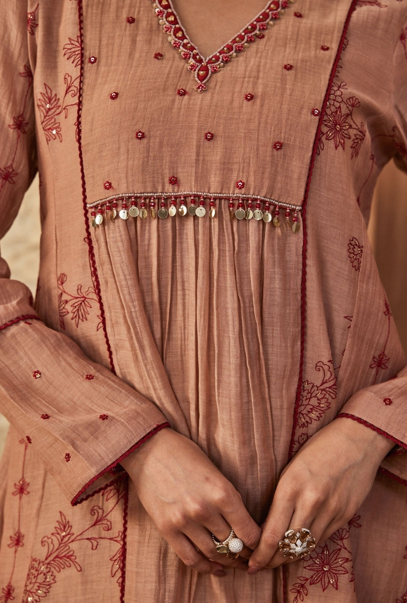 Old Rose Red Thread Work Short Aadhya Co-Ord Set