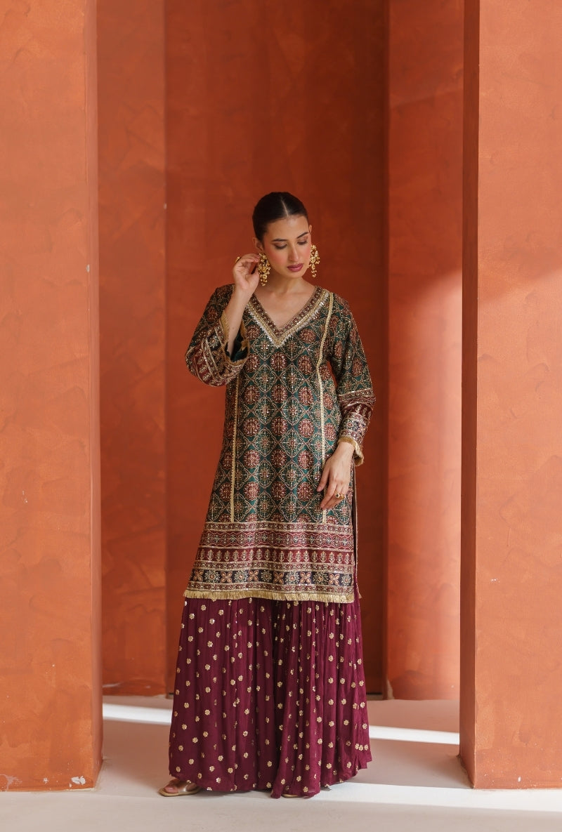 Mehendi Green Ajrak Print Vira Gharara Set