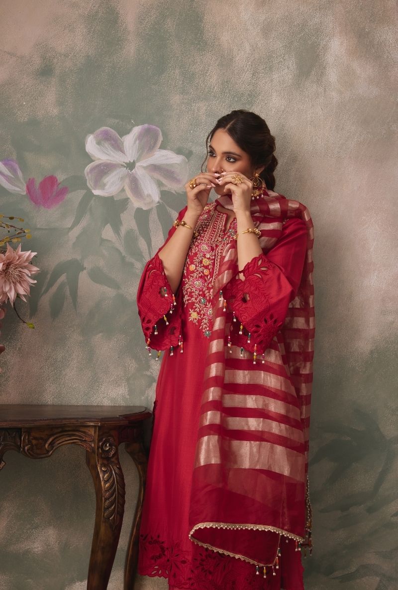 Red Embroidered Yoke Jalsa Kurta Set