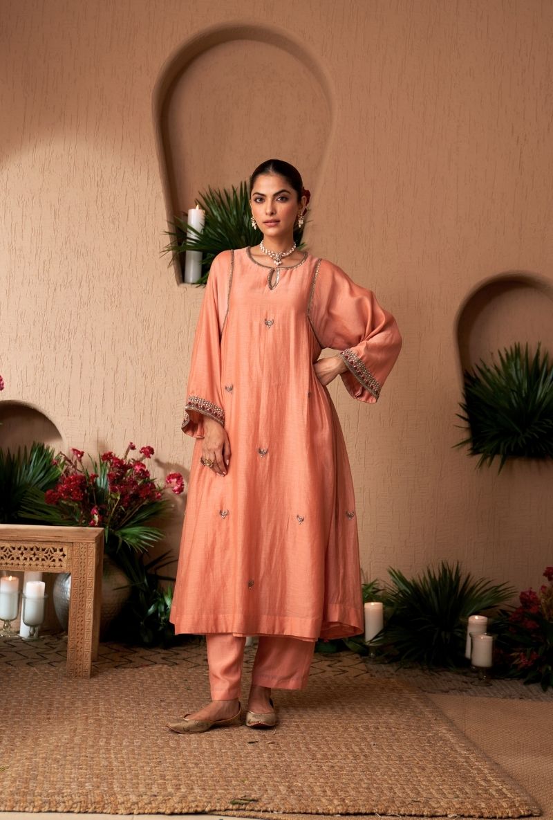 Peach Square Sleeve Naveli Kurta Set