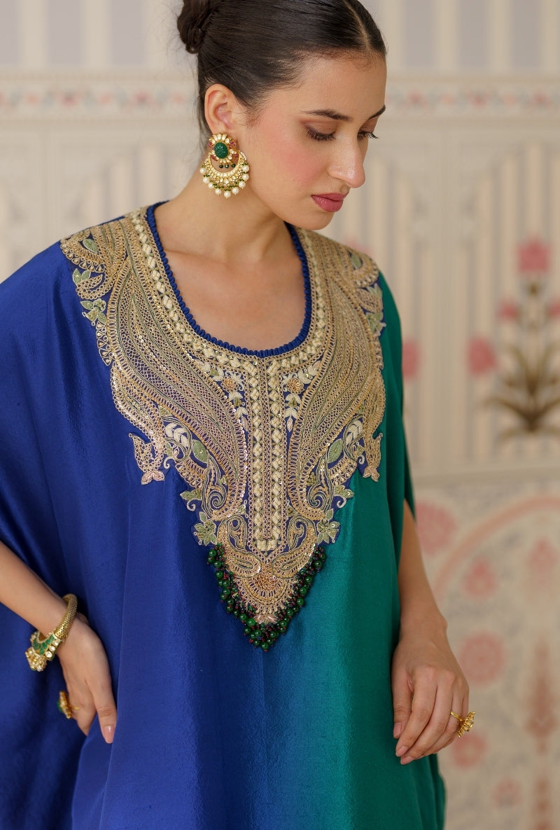 Blue &amp; Green Ombre Heavy Yoke Hand Embroidery Mallika Kurta Set