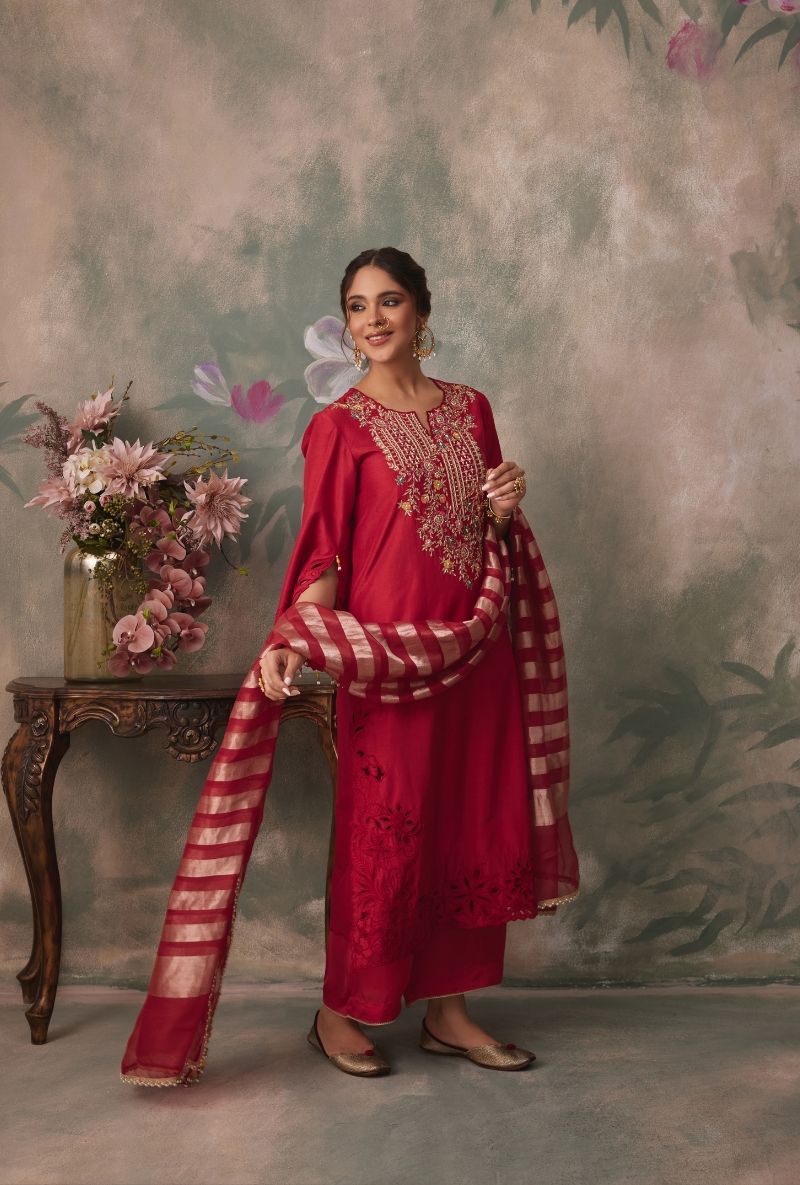 Red Embroidered Yoke Jalsa Kurta Set