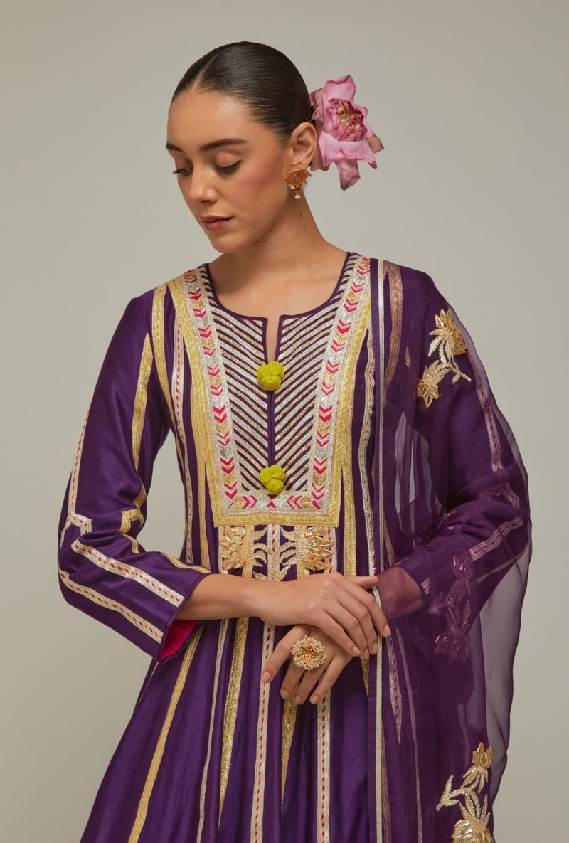 Purple Multistripe Gota long Mehreen Anarkali Set