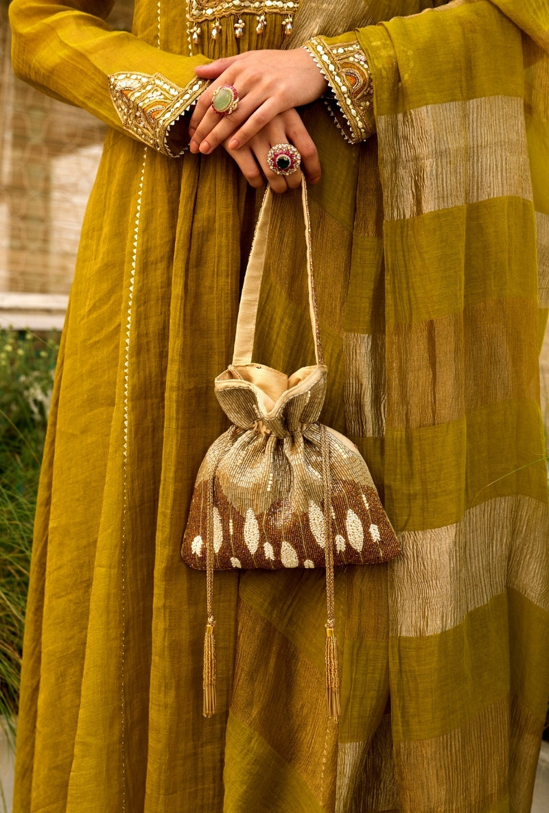 Olive Green Embroidered Square Yoke Sabah Anarkali Set