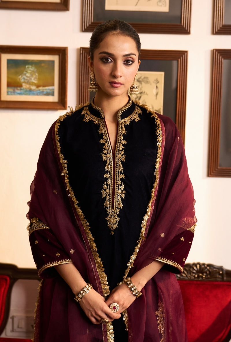Navy Blue Chinese Collar Dilbar Kurta Set