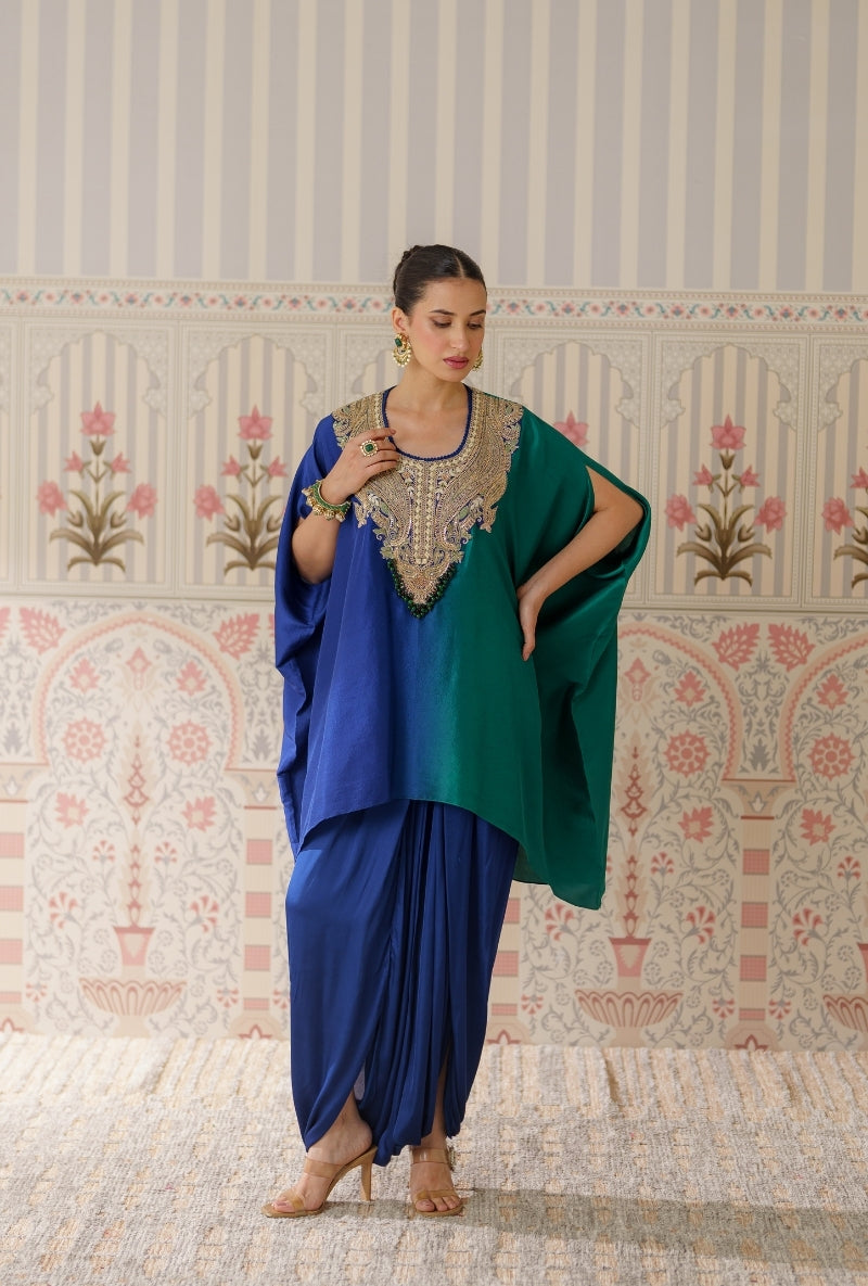 Blue &amp; Green Ombre Heavy Yoke Hand Embroidery Mallika Kurta Set
