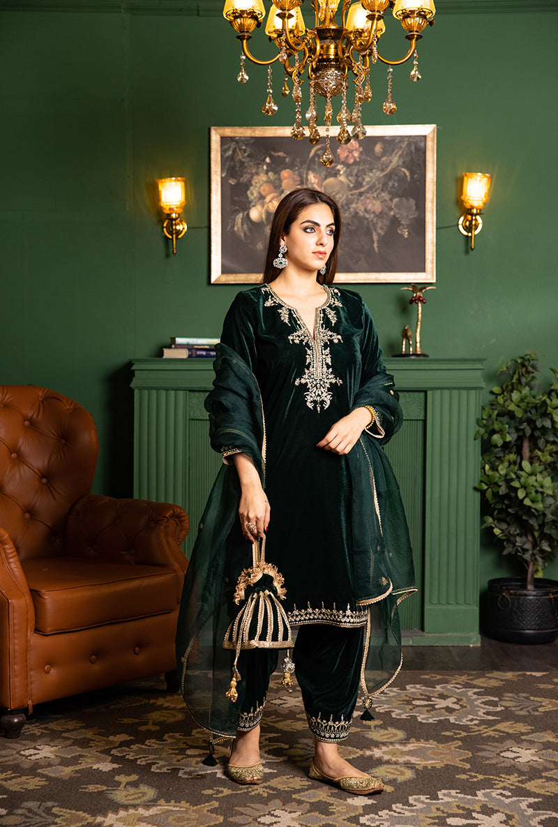 Bottle Green Velvet Gota And Pearl Dastaan Salwar Set