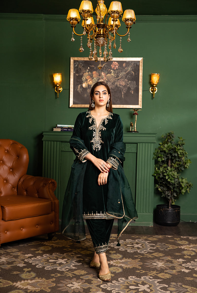 Bottle Green Velvet Gota And Pearl Dastaan Salwar Set