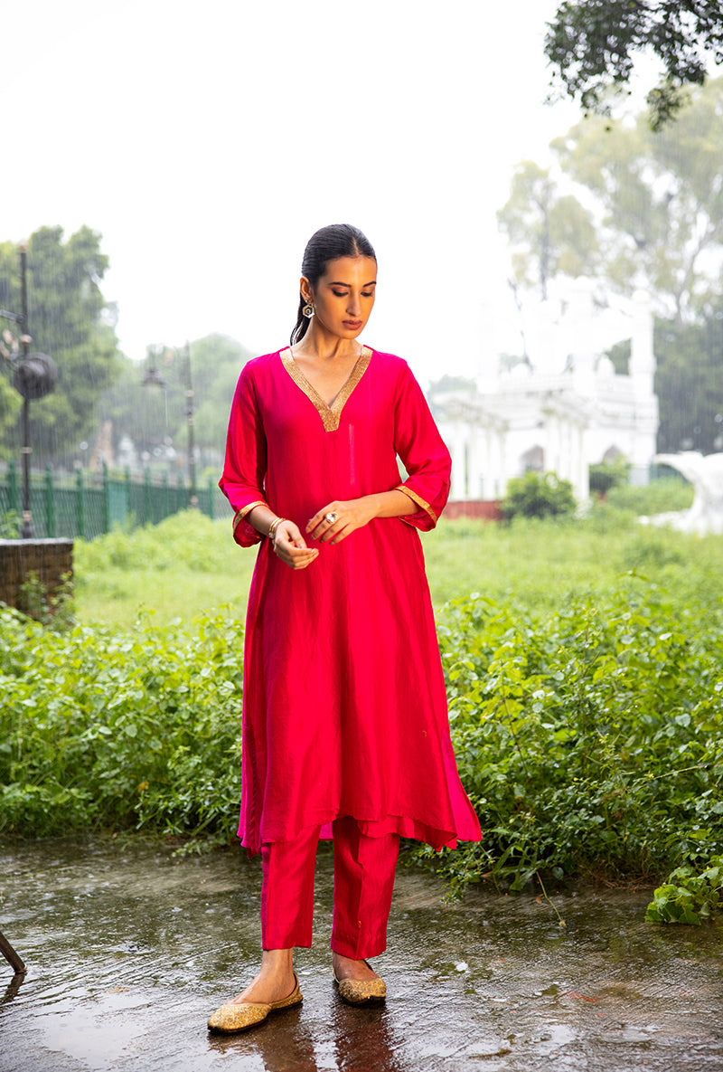 Magenta Pink Hand Embroidered Dor Kurta Set