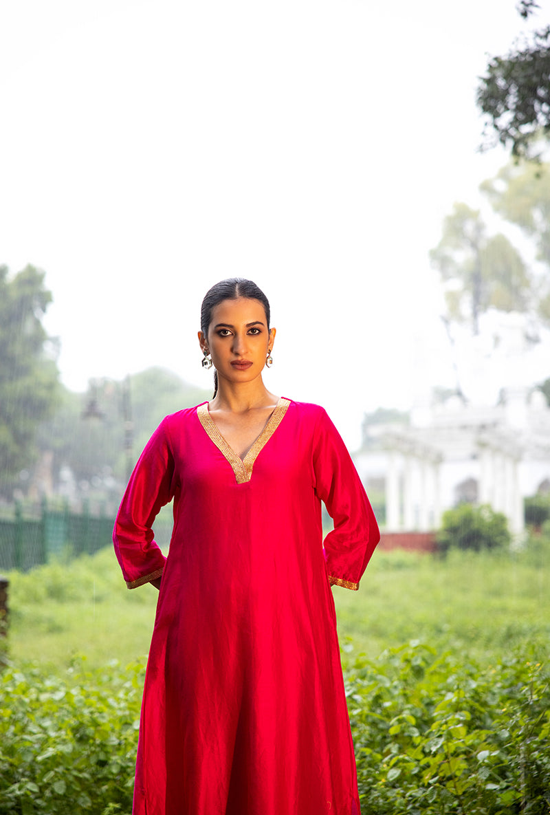 Magenta Pink Hand Embroidered Dor Kurta Set
