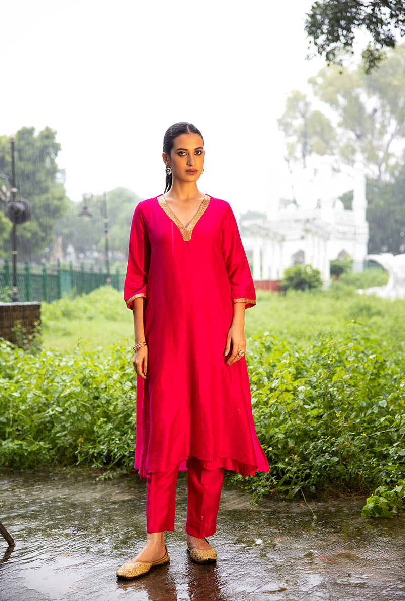 Magenta Pink Hand Embroidered Dor Kurta Set