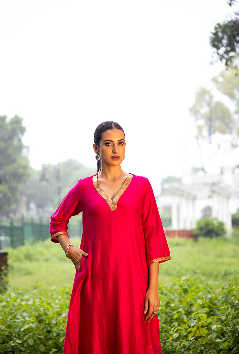 Magenta Pink Hand Embroidered Dor Kurta Set