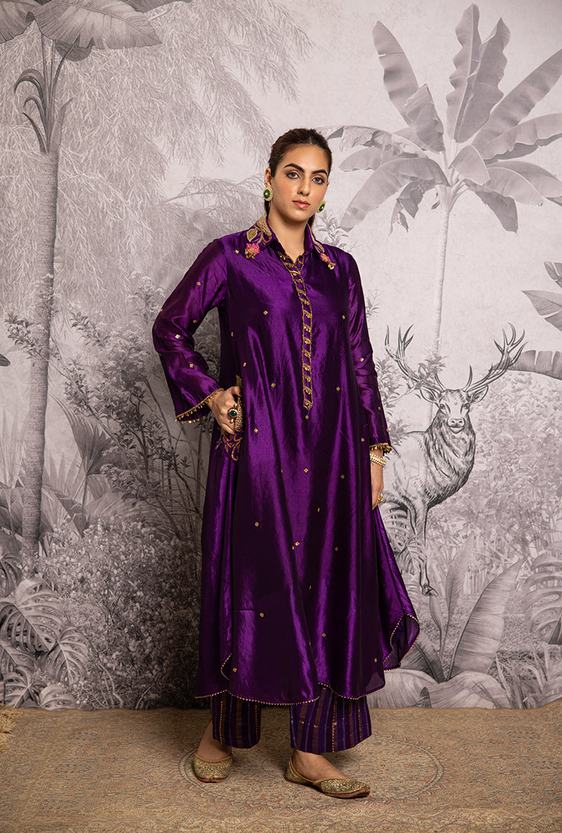 Purple Cheent Embroidery Solid Collar Pocket Shaheen Kurta Set