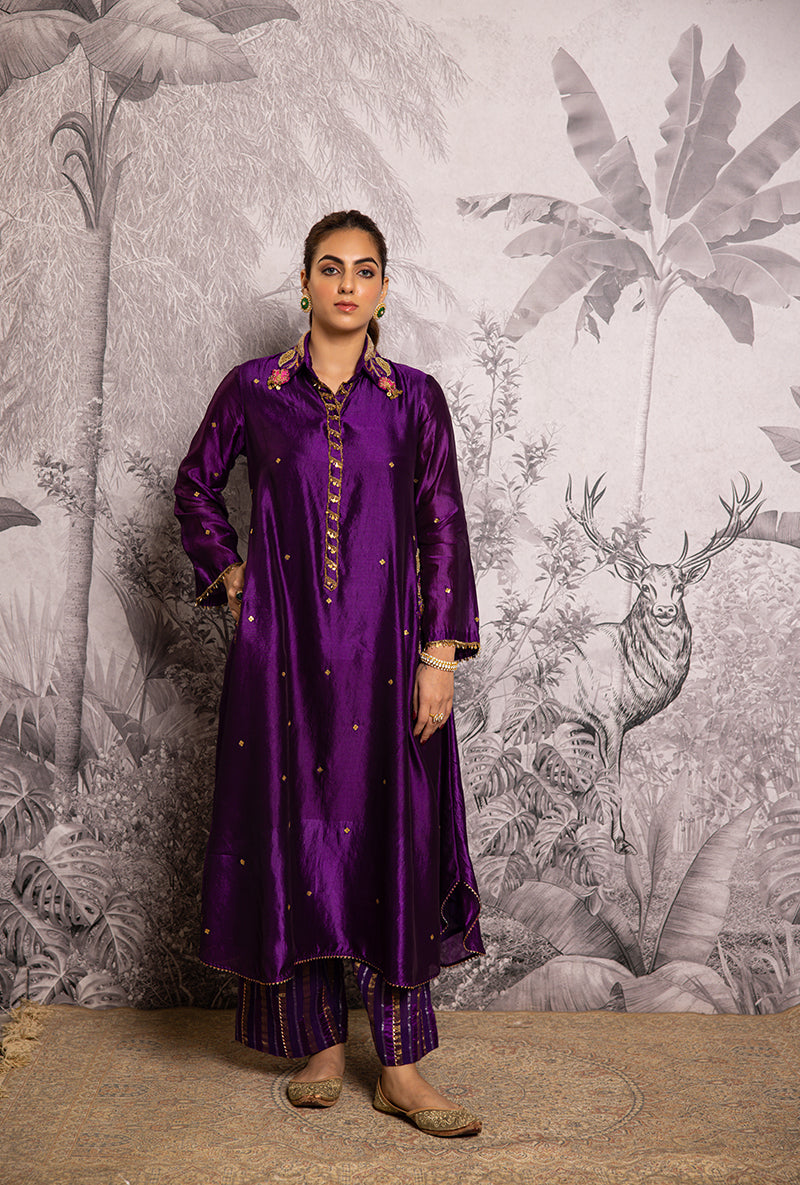 Purple Cheent Embroidery Solid Collar Pocket Shaheen Kurta Set
