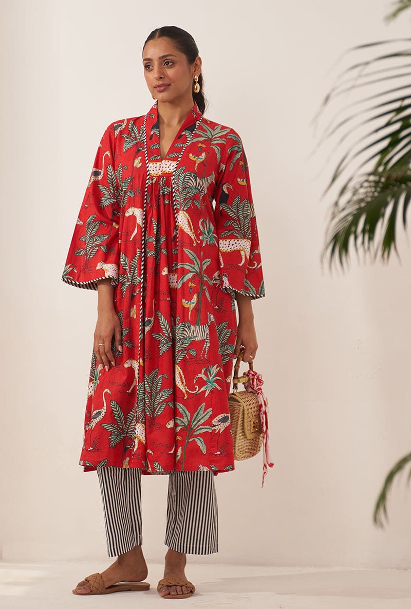 Red Tropical And Stripe Lovebirds Kurta Set