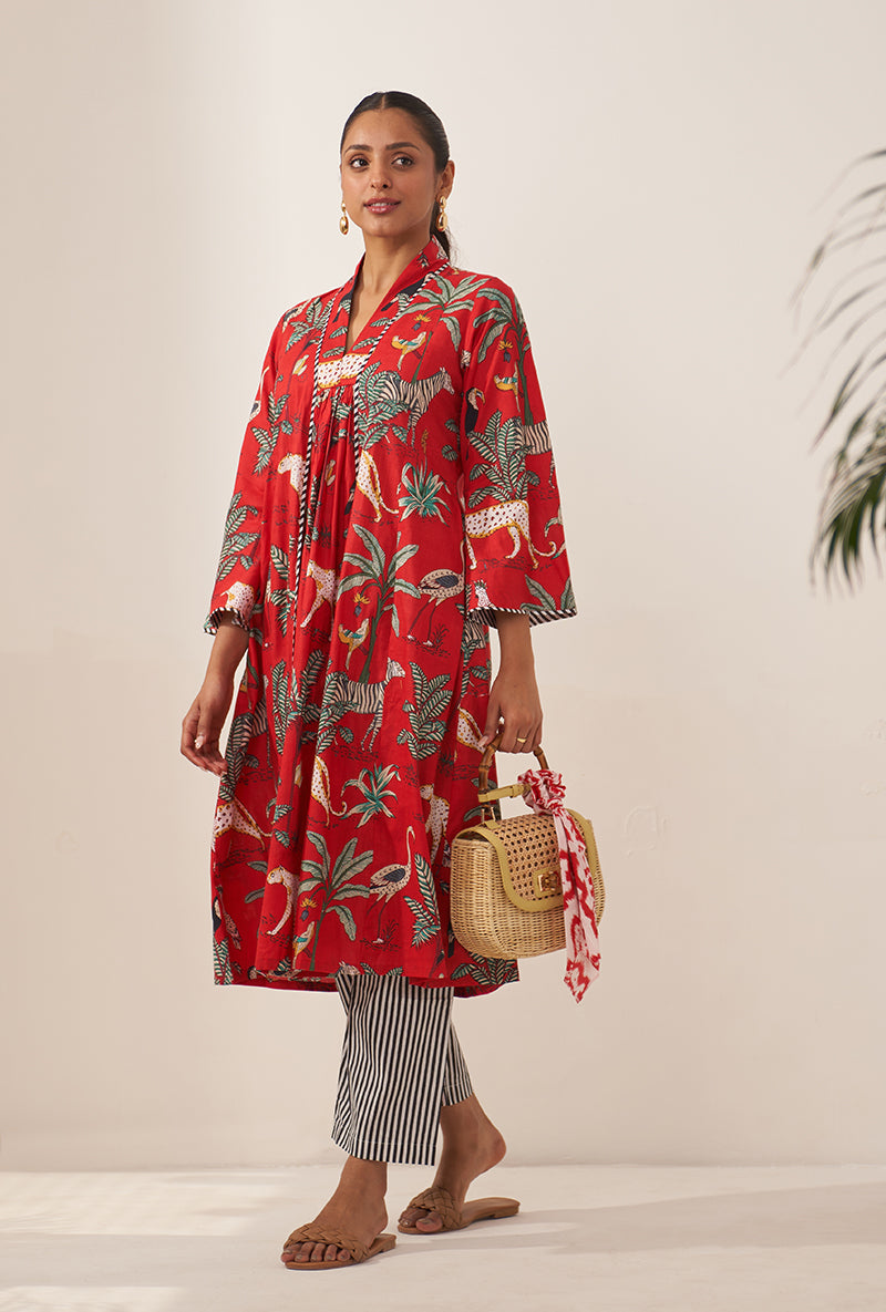 Red Tropical And Stripe Lovebirds Kurta Set