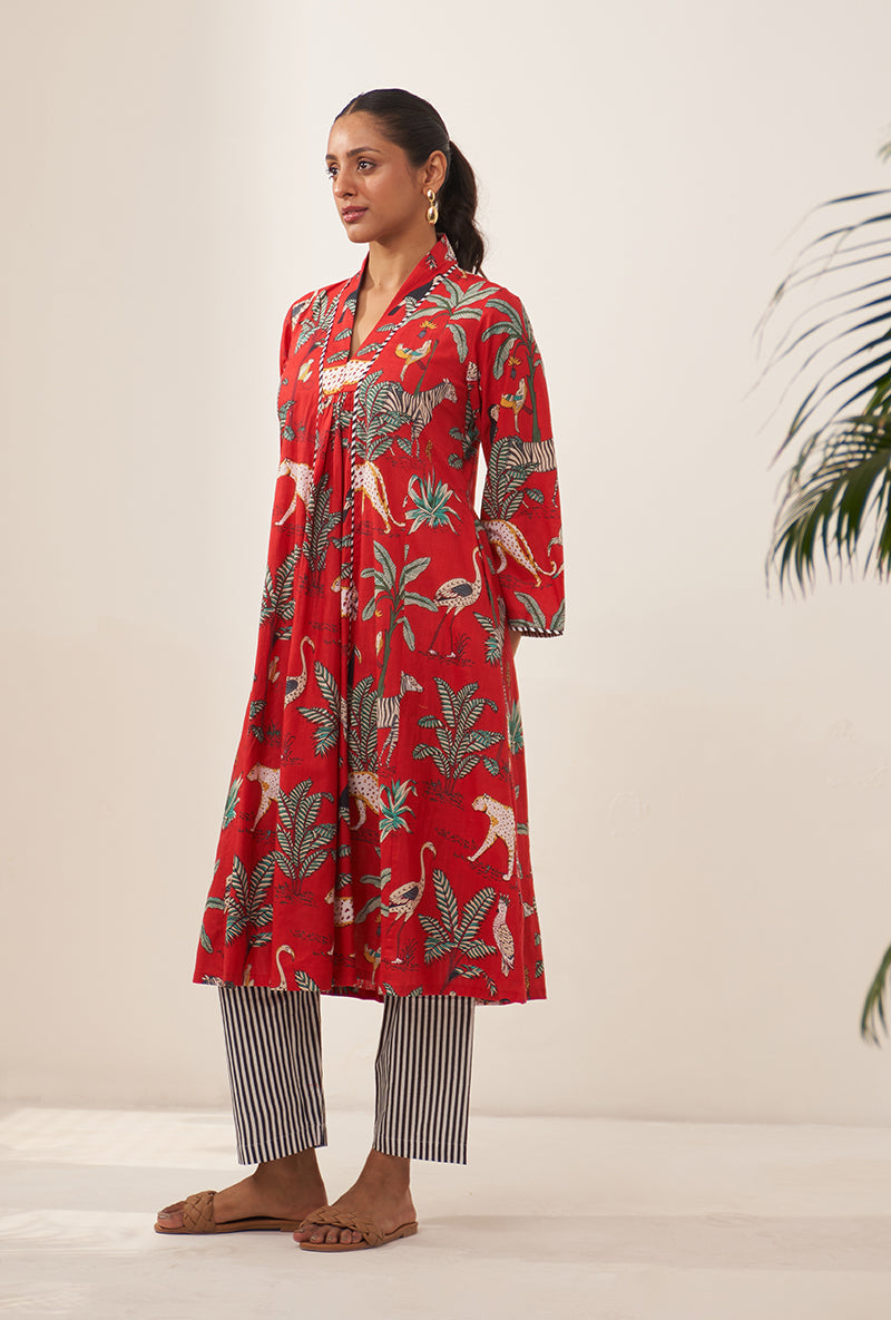 Red Tropical And Stripe Lovebirds Kurta Set