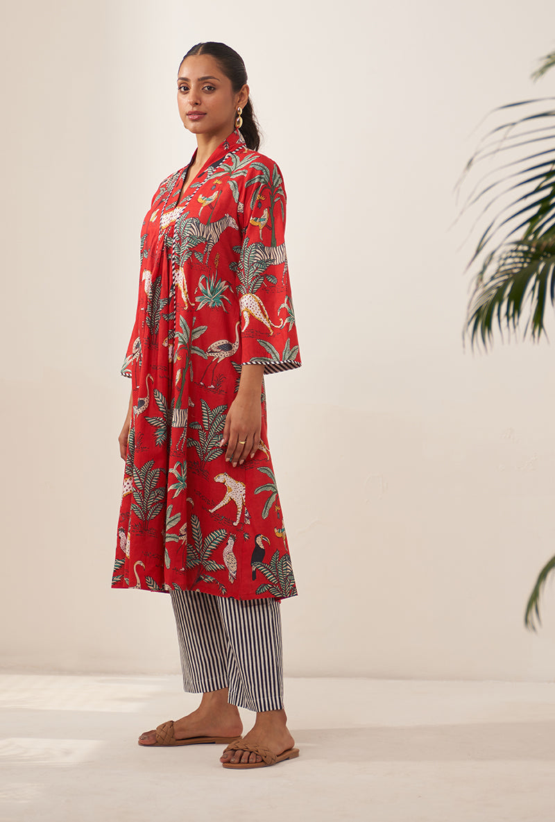 Red Tropical And Stripe Lovebirds Kurta Set