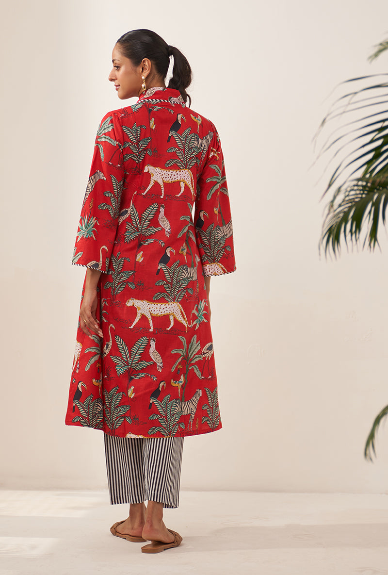 Red Tropical And Stripe Lovebirds Kurta Set