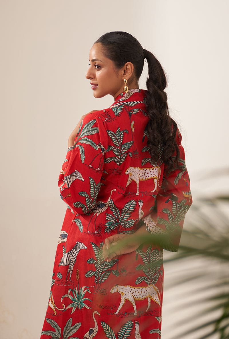 Red Tropical And Stripe Lovebirds Kurta Set