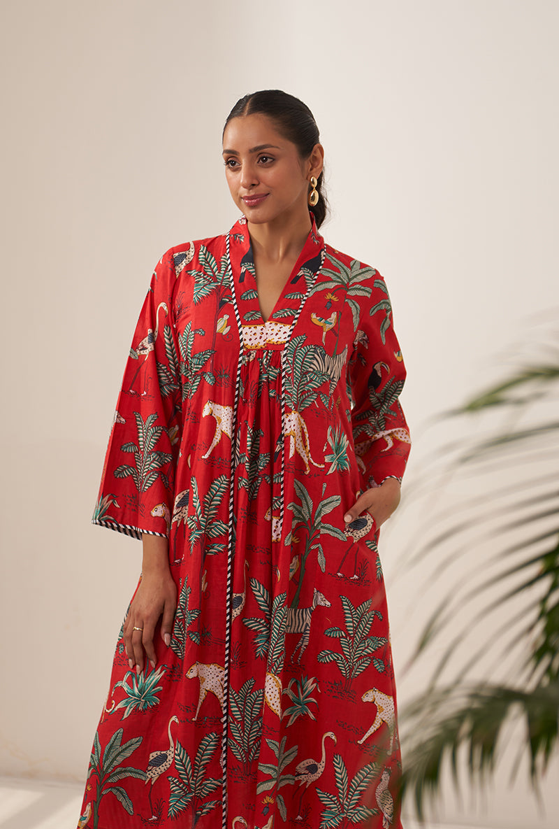 Red Tropical And Stripe Lovebirds Kurta Set