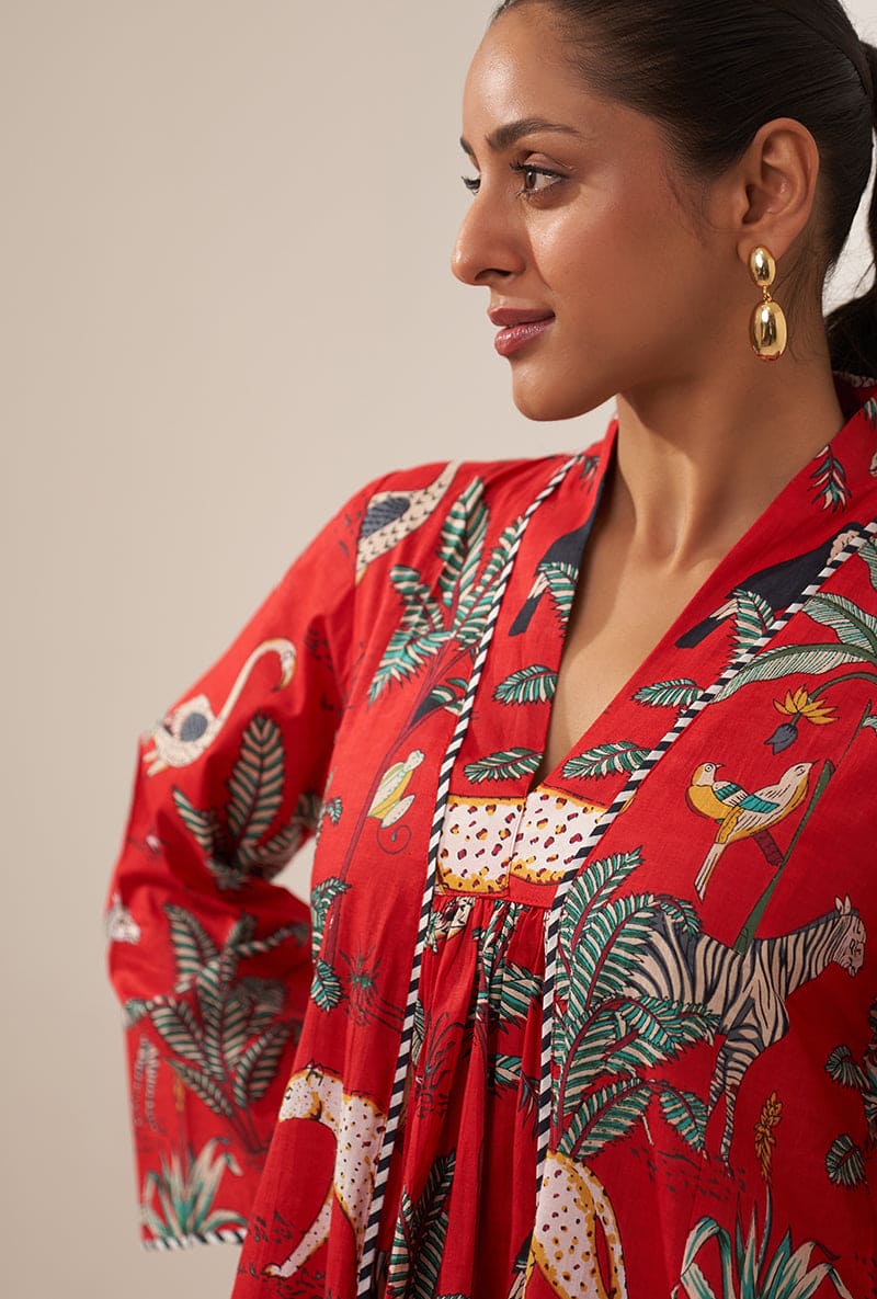 Red Tropical And Stripe Lovebirds Kurta Set