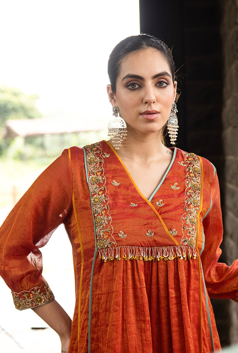 Rust Overlapping Yoke Kalidar Surmayi Kurta Set