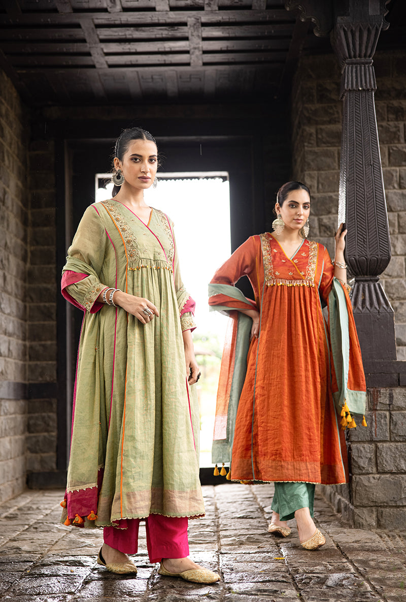 Rust Overlapping Yoke Kalidar Surmayi Kurta Set