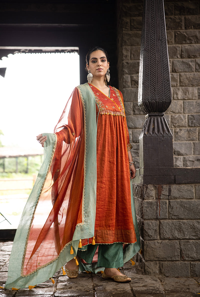 Rust Overlapping Yoke Kalidar Surmayi Kurta Set