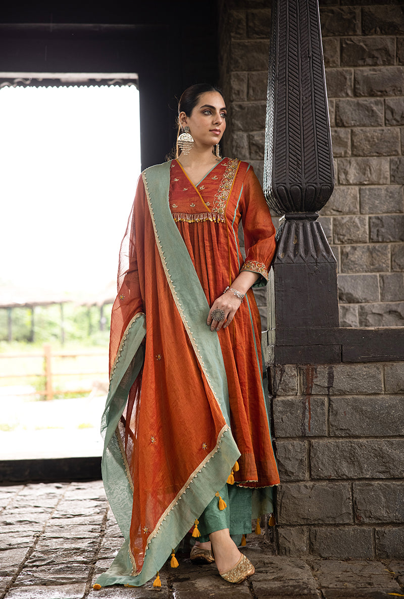 Rust Overlapping Yoke Kalidar Surmayi Kurta Set