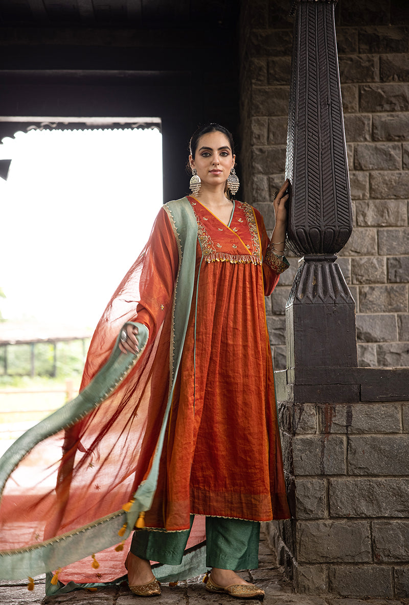 Rust Overlapping Yoke Kalidar Surmayi Kurta Set