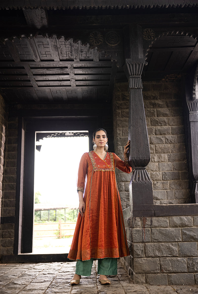 Rust Overlapping Yoke Kalidar Surmayi Kurta Set