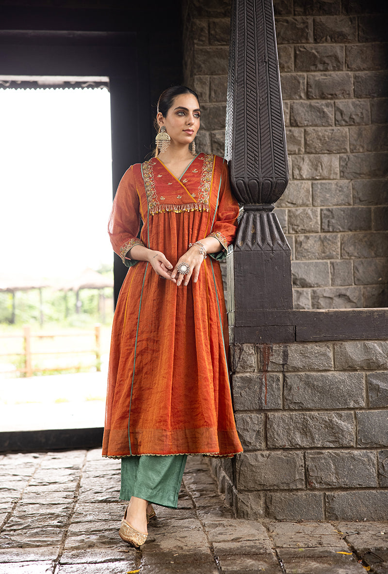 Rust Overlapping Yoke Kalidar Surmayi Kurta Set