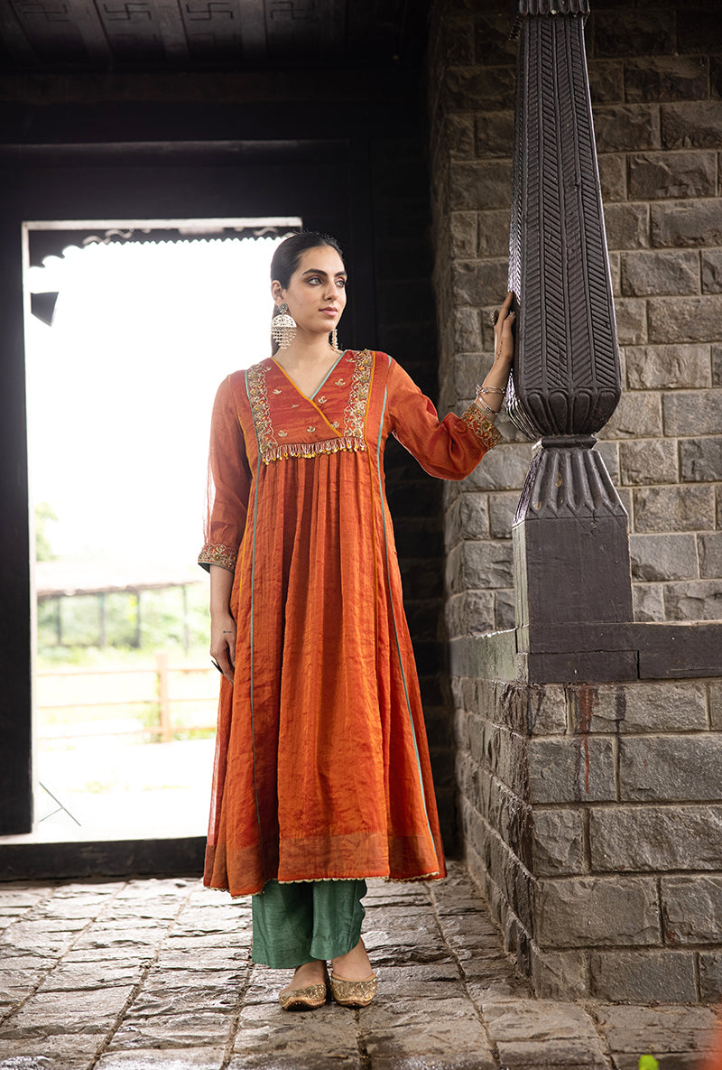 Rust Overlapping Yoke Kalidar Surmayi Kurta Set