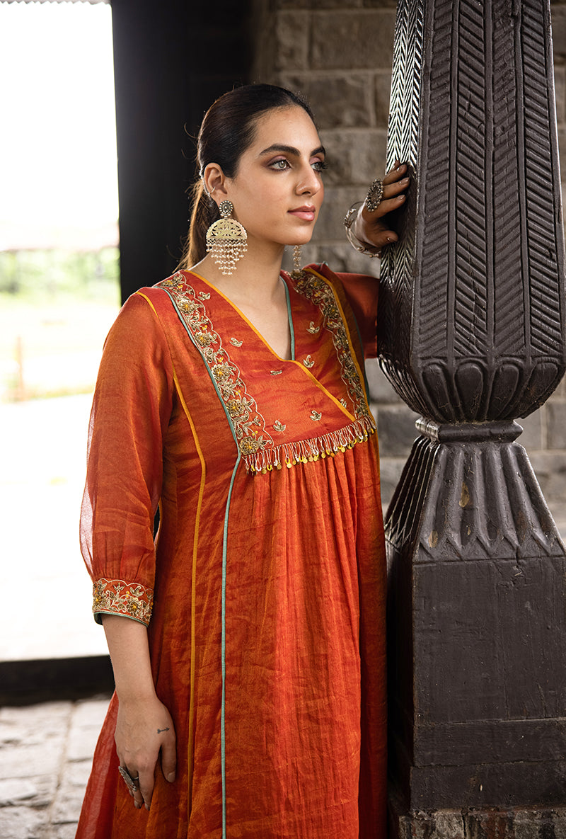 Rust Overlapping Yoke Kalidar Surmayi Kurta Set