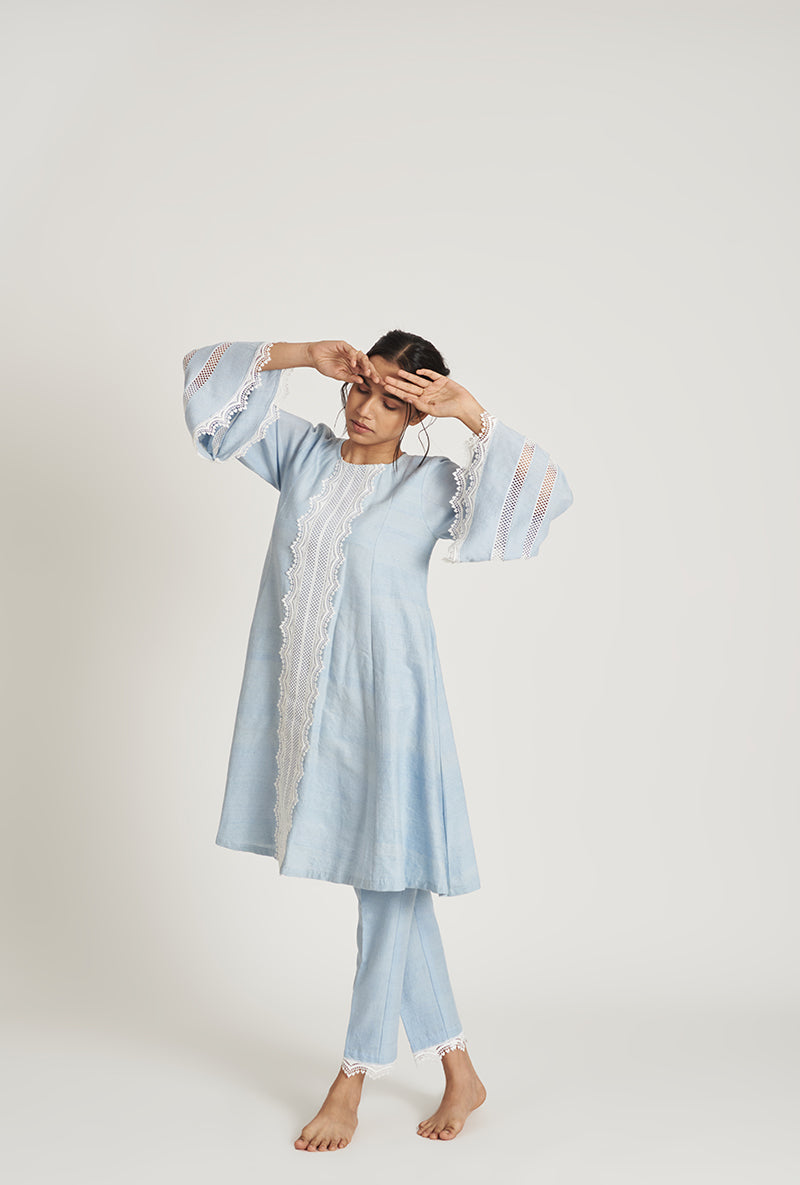 Sky Blue Pakistani-Inspired Flared Sabreen Laila Kurta Set