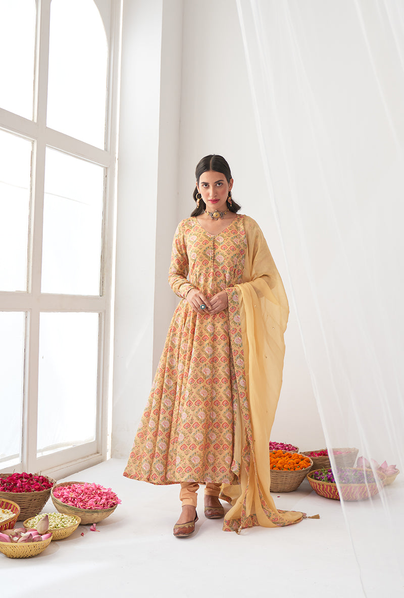 Yellow Digitally Printed Iris Anarkali Set