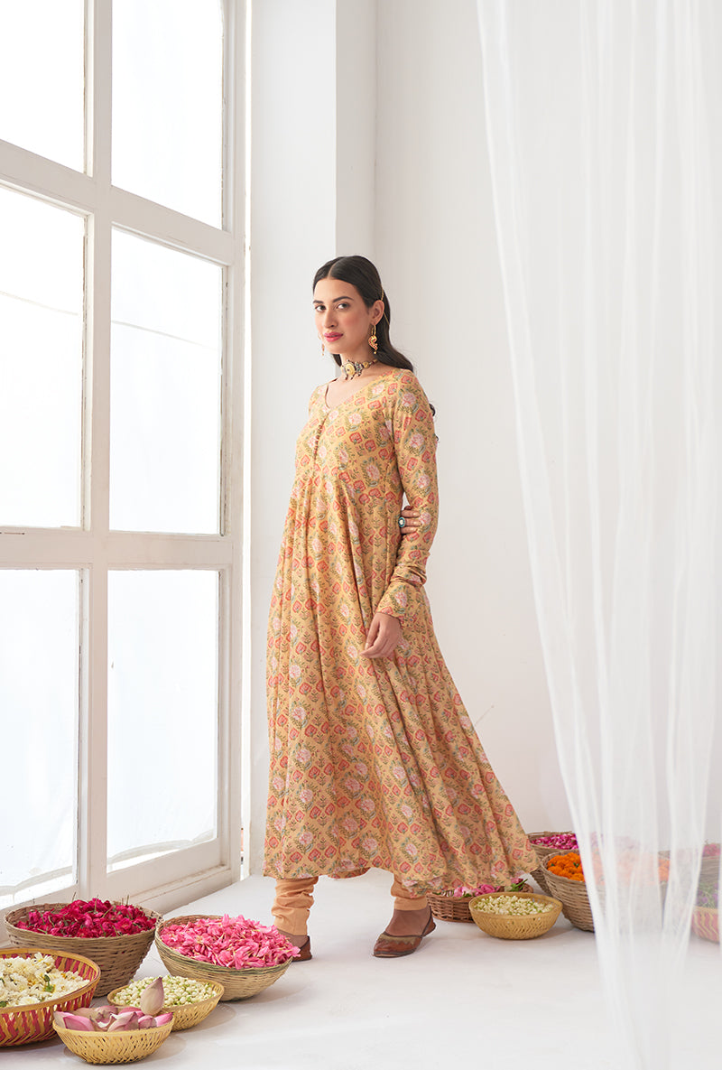 Yellow Digitally Printed Iris Anarkali Set