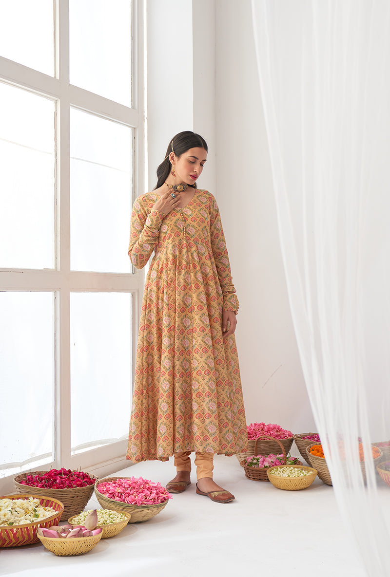 Yellow Digitally Printed Iris Anarkali Set