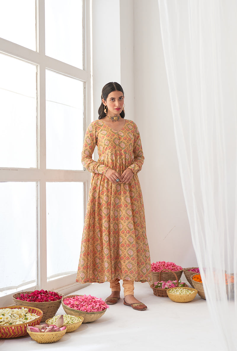 Yellow Digitally Printed Iris Anarkali Set