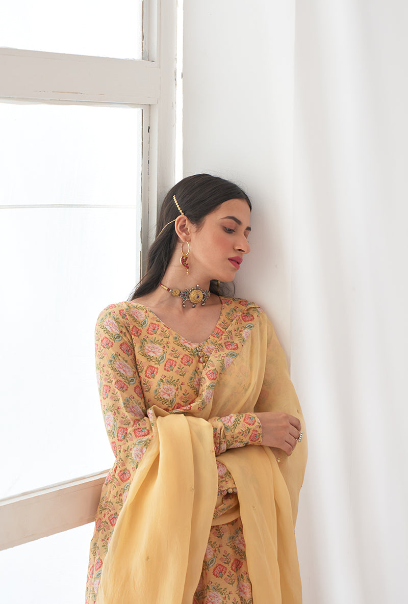 Yellow Digitally Printed Iris Anarkali Set