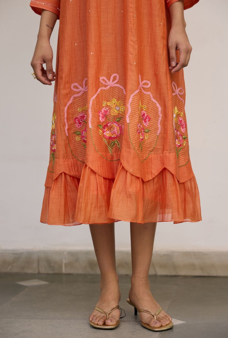 Orange Floral Embroidered with Applique Vaidehi Dress