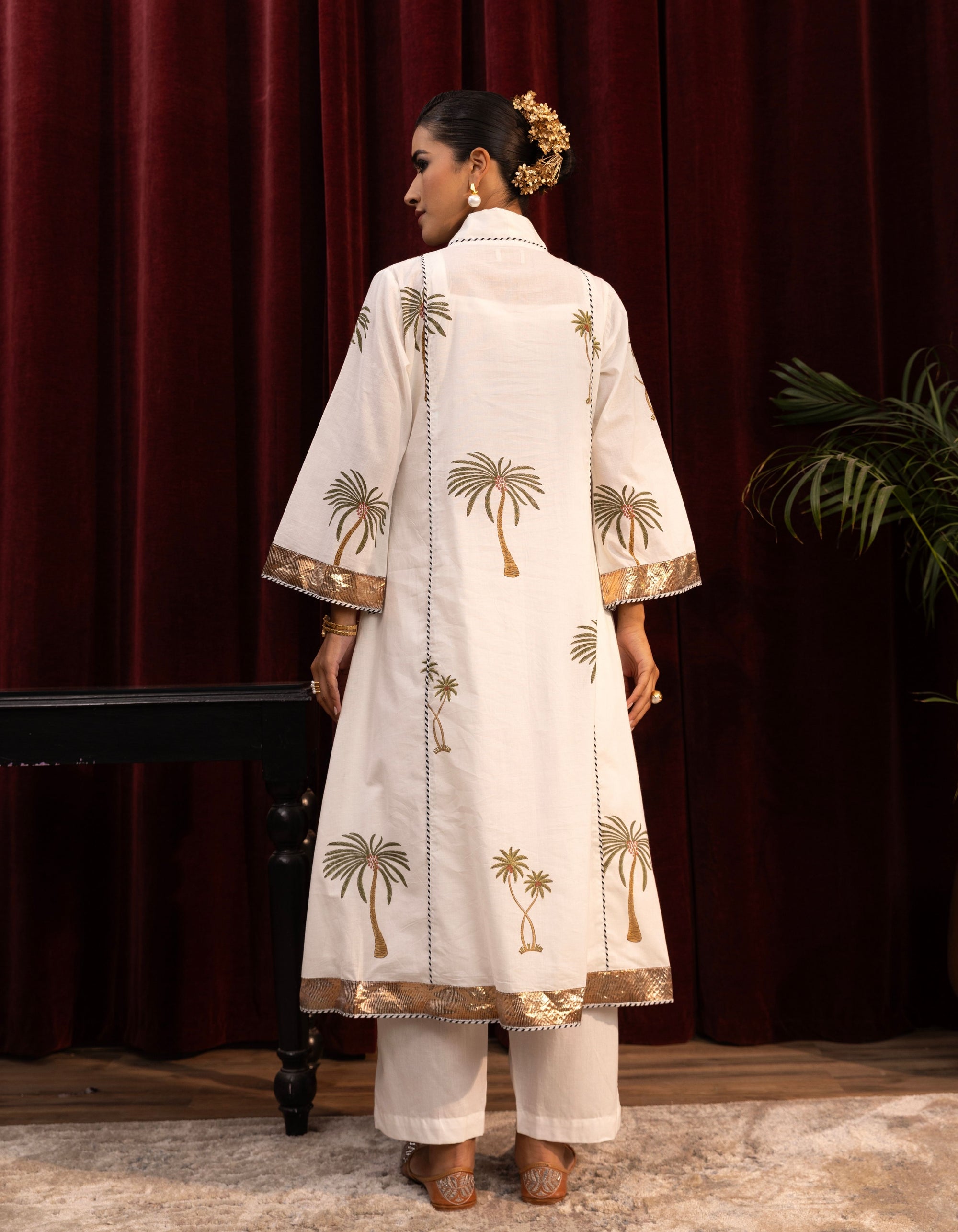 White Palm Print Kali Mogra Kurta Set