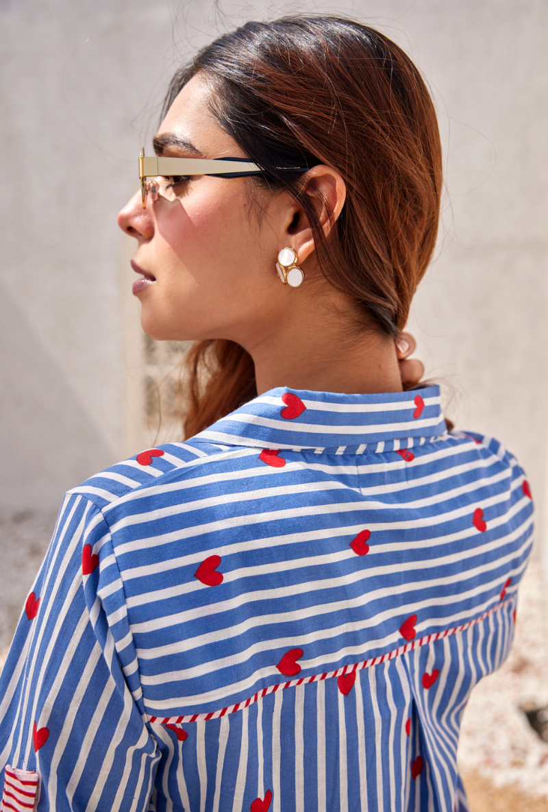 Blue Stripes And Heart Digital Print Peony Co-Ord Set
