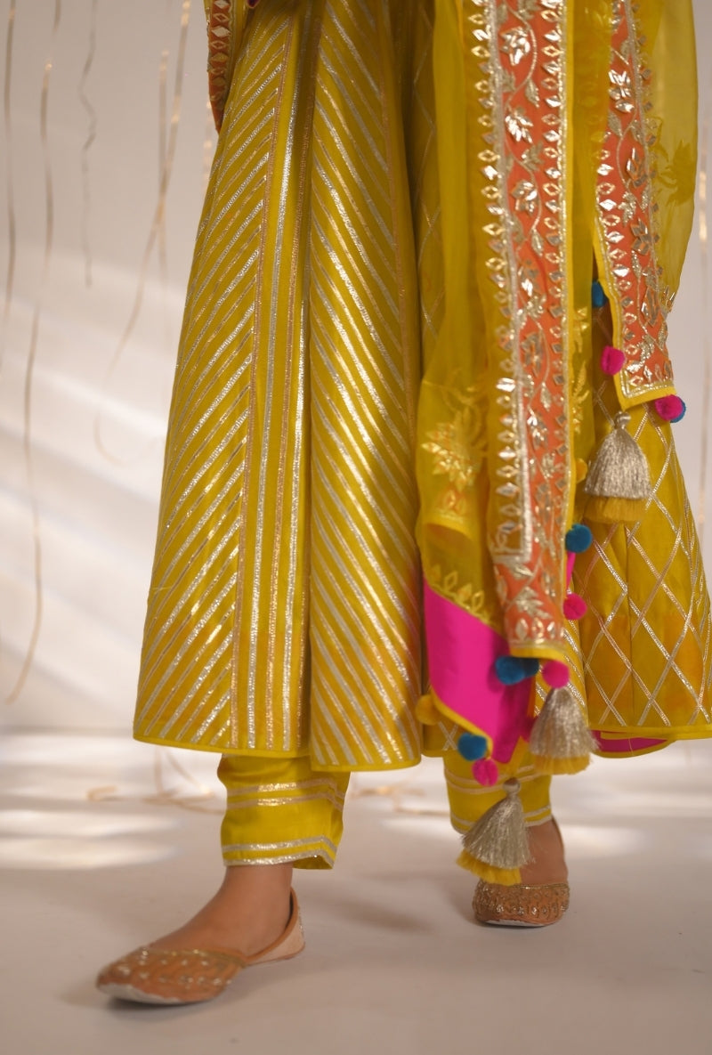 Yellow Gota Lace and Patti Long Mehreen Anarkali Set
